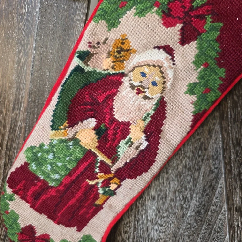 Santa Claus Christmas Stocking Needlepoint Hand‎ Crafted Handmade Vintage 19.5